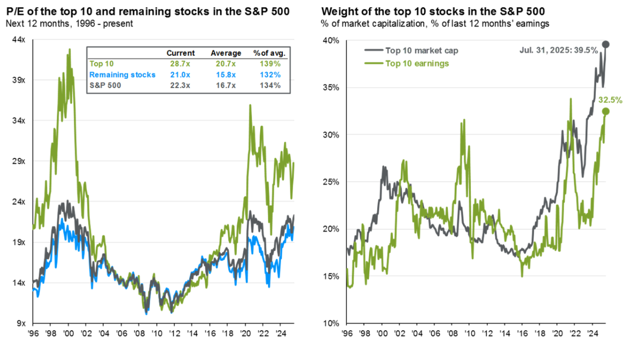 Ocenění 10 největších akcií vs. celkový index